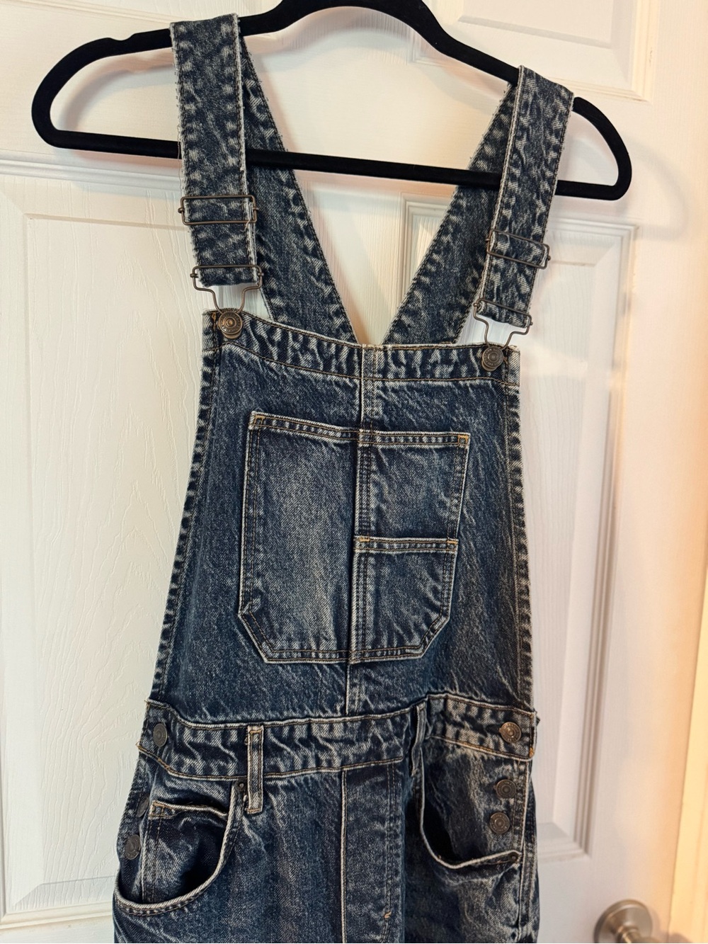 We The Free Washed Blue Denim Overalls Barrel leg with Front Patch Pocket